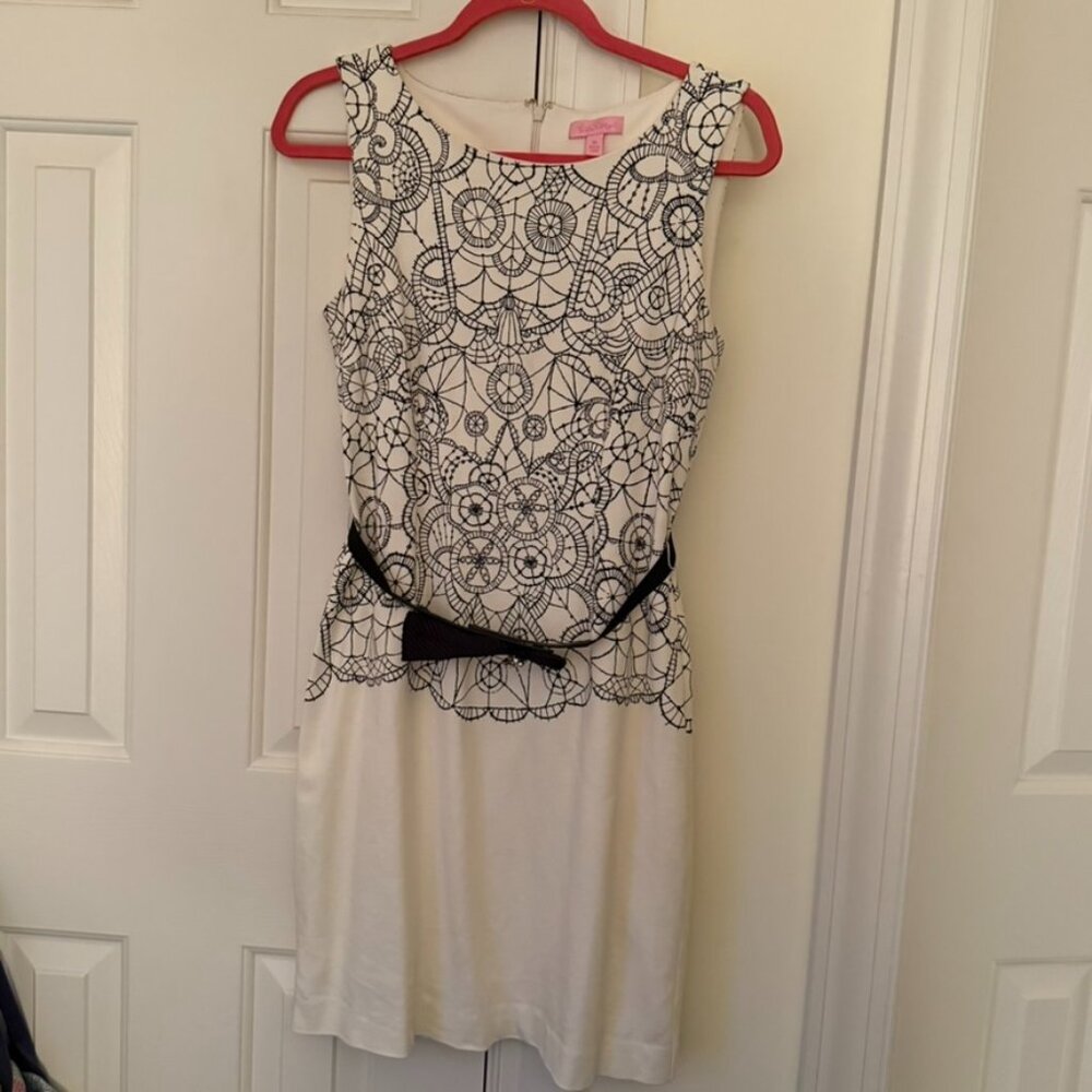 Lilly Pulitzer Julianna Cameo White/Black Lace You There Placed Ponte Sheath M